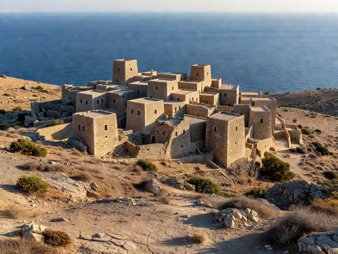 Arid stone architecture of the Mani peninsula overlooking the Mediterranean sea