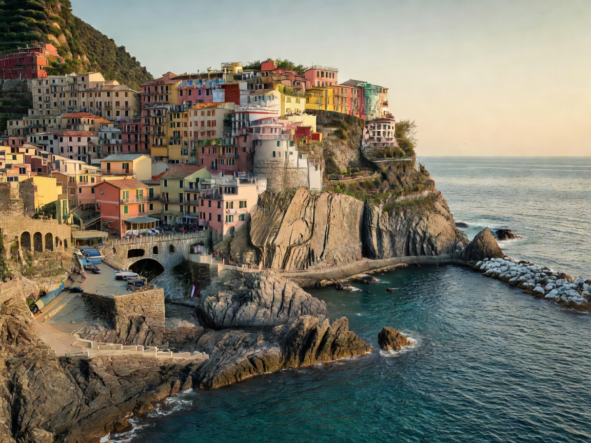 Cinque Terre coastal cliffs and stone houses overlooking the Ligurian sea