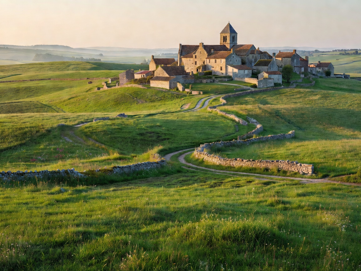 French rural landscape with rolling green fields and distant medieval stone village