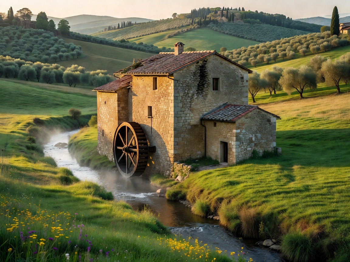 Historic restored stone mill in a lush green valley in Tuscany