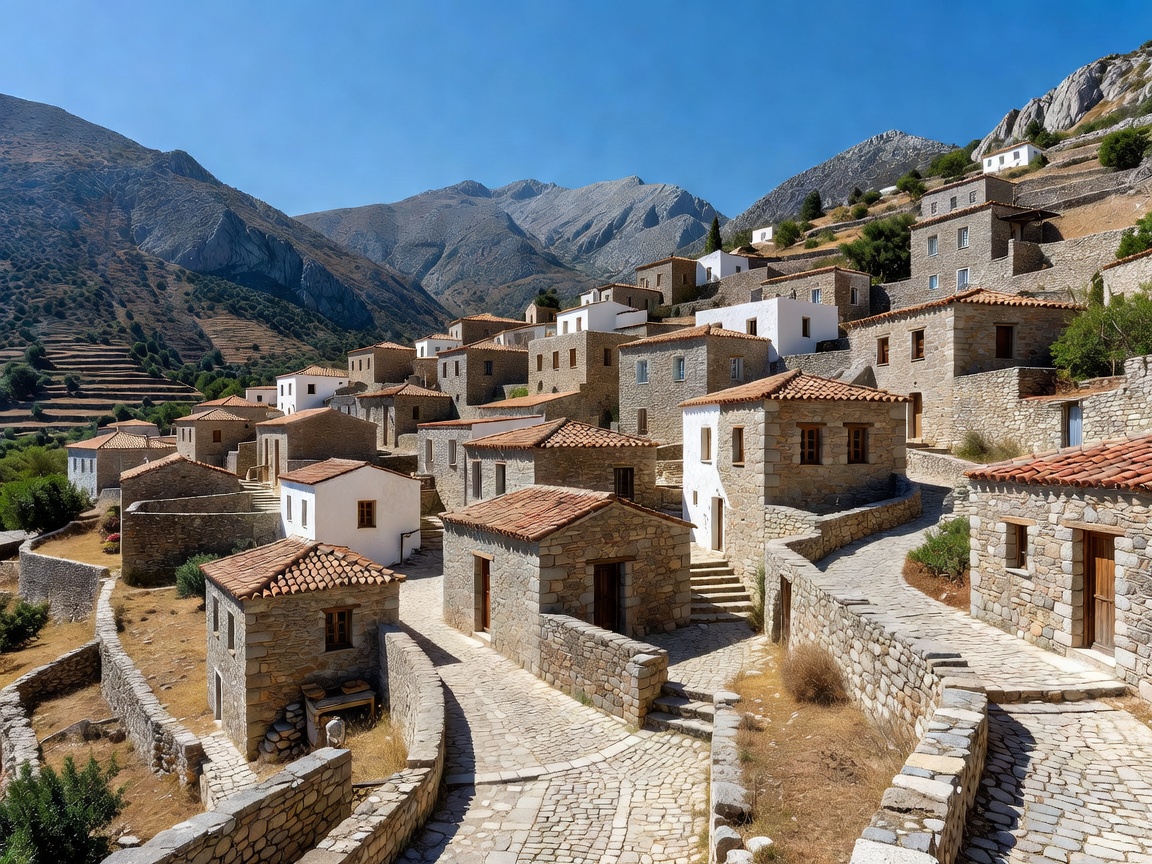 Mountainous Greek village with traditional stone masonry and clear skies
