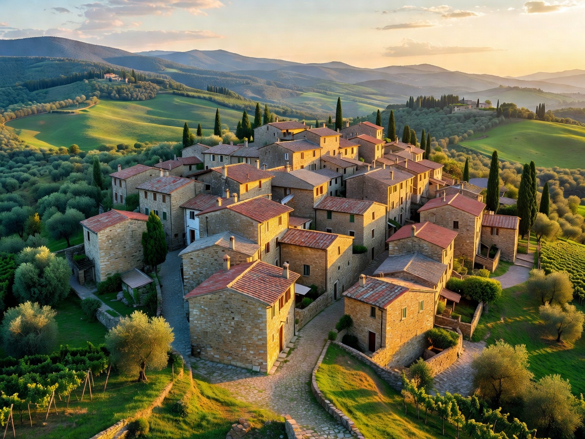 Panoramic view of mountain stone village in Tuscany with green hills