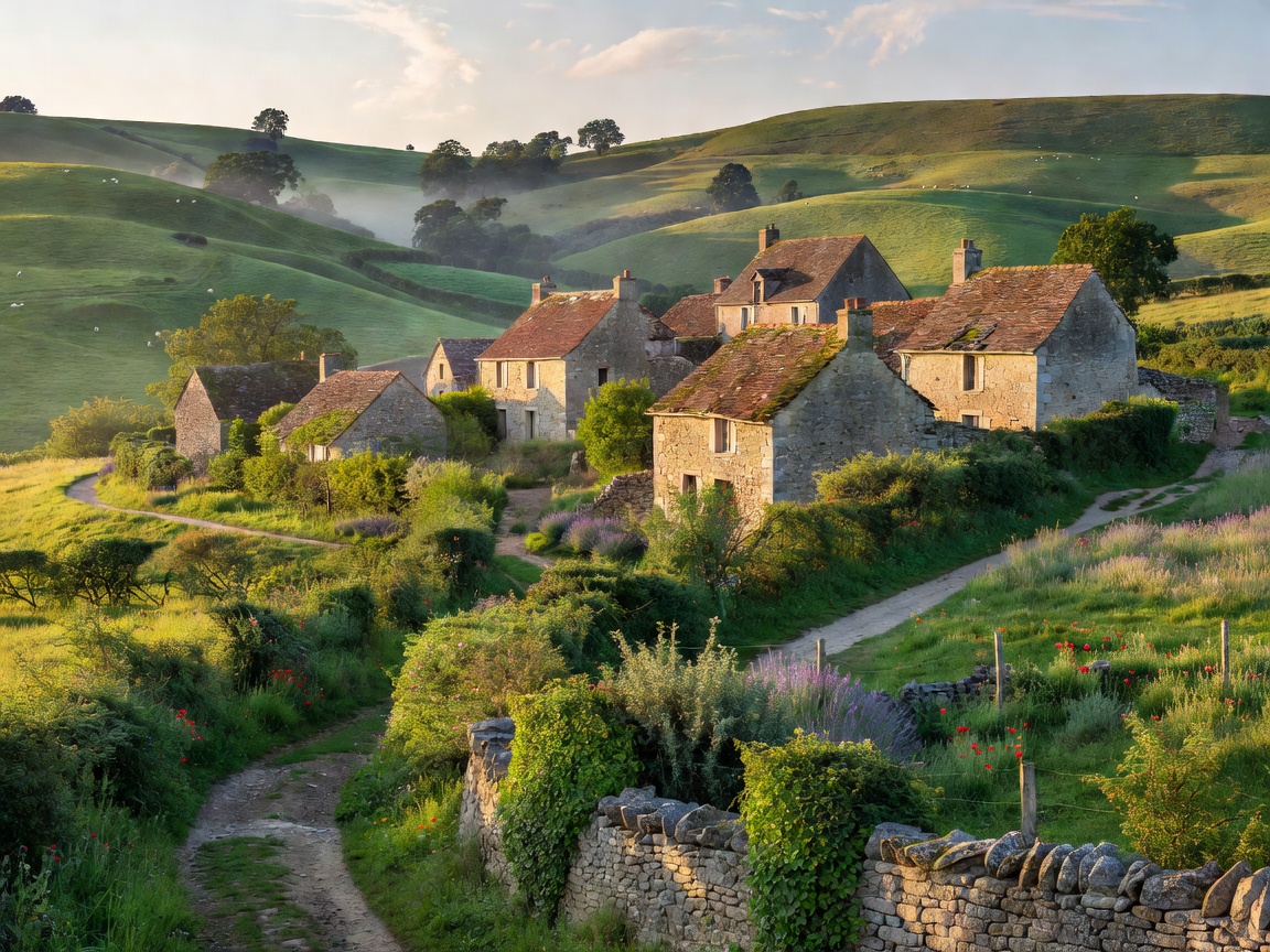 Picturesque French rural landscape with stone cottages and rolling hills