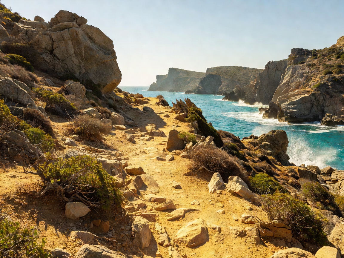 Rugged rocky Greek coastline trail under Mediterranean sun