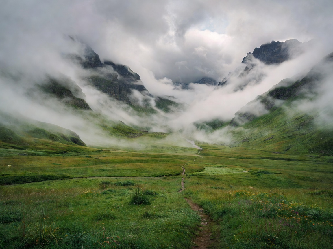 Scenic green alpine valley with misty clouds representing technical slow travel