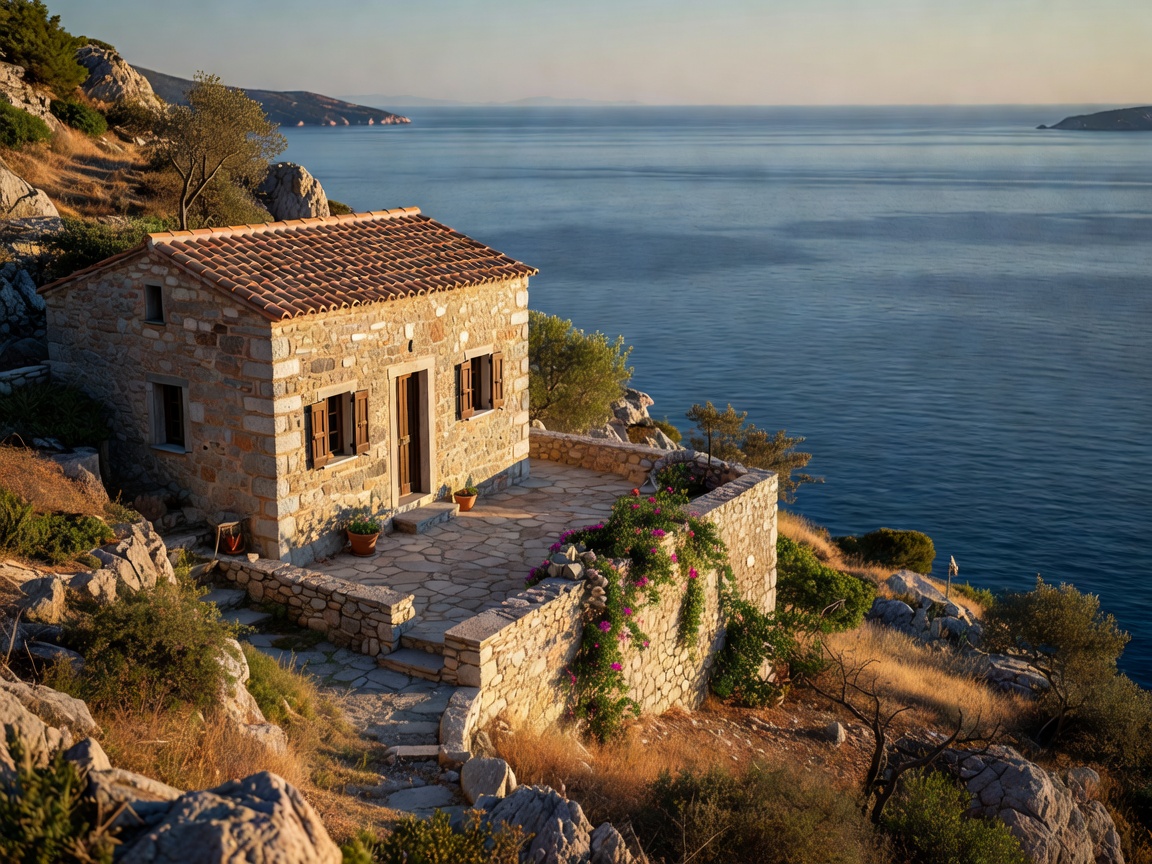 Serene Greek stone house on a hillside overlooking the Aegean sea