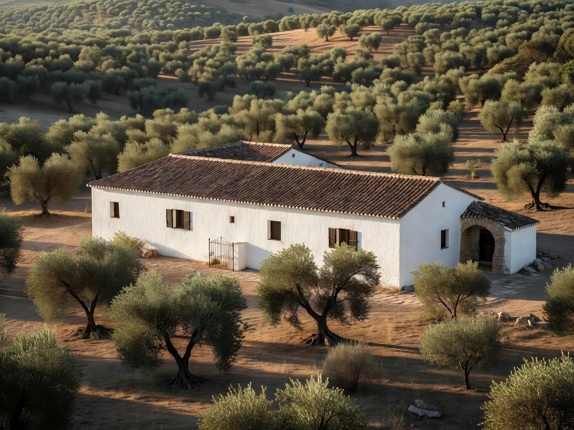 White traditional Andalusian cortijo surrounded by olive groves in southern Spain